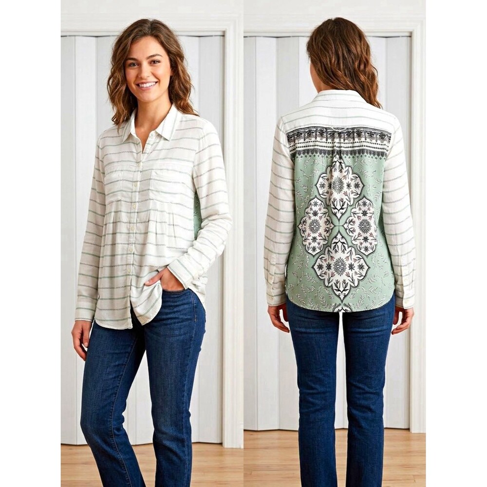 Sage Green Boho Medallion Back Button Up Top M Cottagecore Coastal Cowgirl